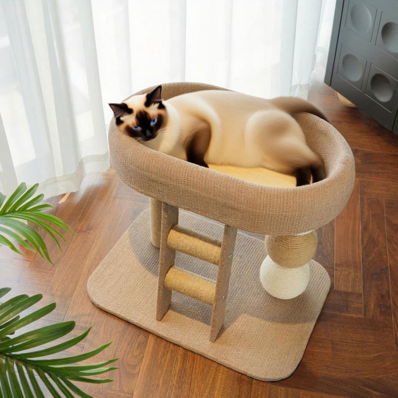 Small Cat Tree with Cat Bed, Sisal Rope Cat Tree for Small Spaces, Raised Cat Scratching Post and Cat Bed