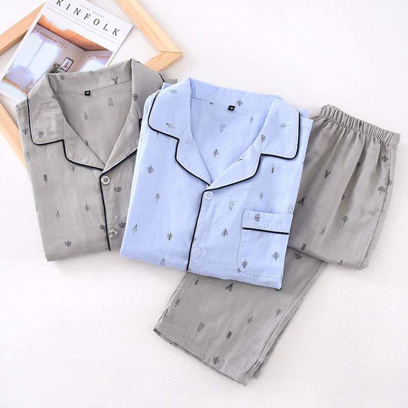 Spring/Summer New Men's Cotton Gauze Long-Sleeve Long-Pants Pajama Set, Casual Loose Fit Homewear for Middle-Aged