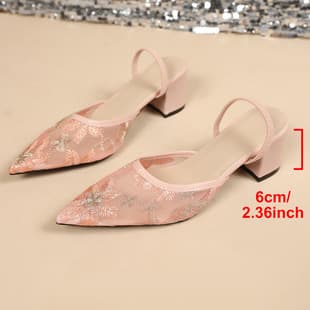 Large Size French Embroidery Mesh Pointed Toe High Heel Sandals for Women 2026 New Spring Breathable Closed Toe Open Back Shoes