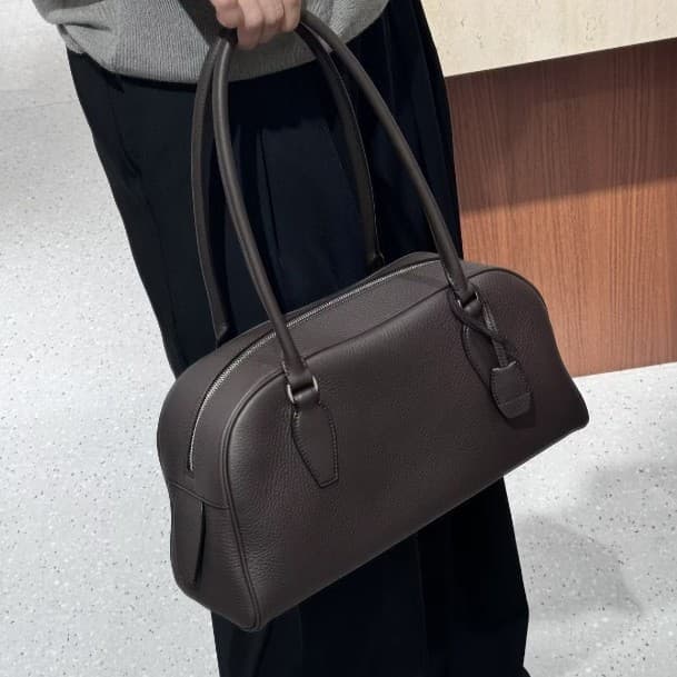 TR Genuine Leather Horizontal Grain Bowling Bag Top Layer Cowhide Long Handle Single Shoulder Underarm Bag Minimalist Handbag
