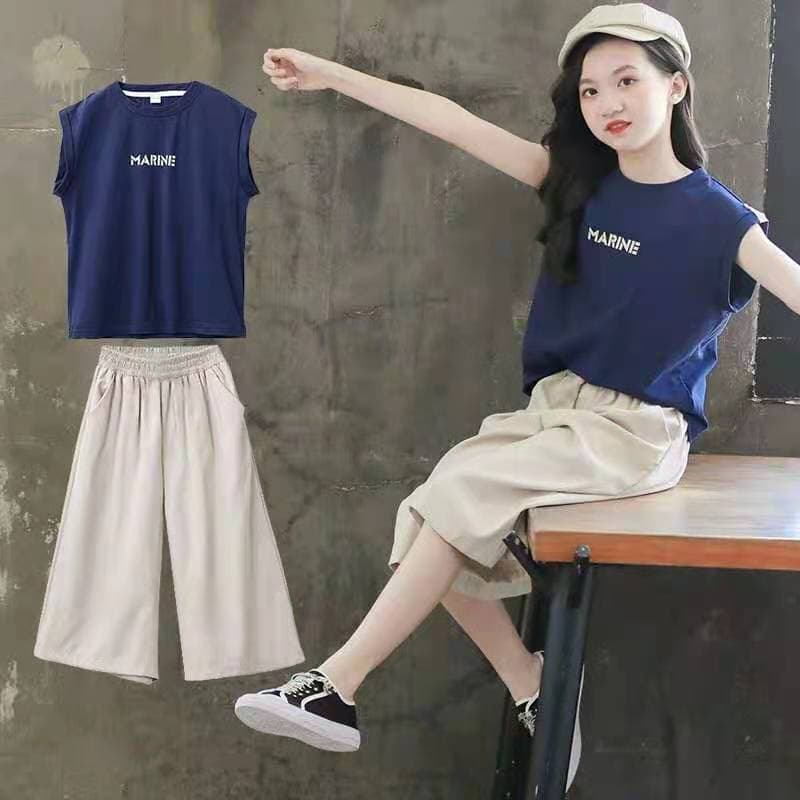2025 New Girls' Summer Set Casual Sporty Short-Sleeve and Wide-Leg Pants for Big Kids