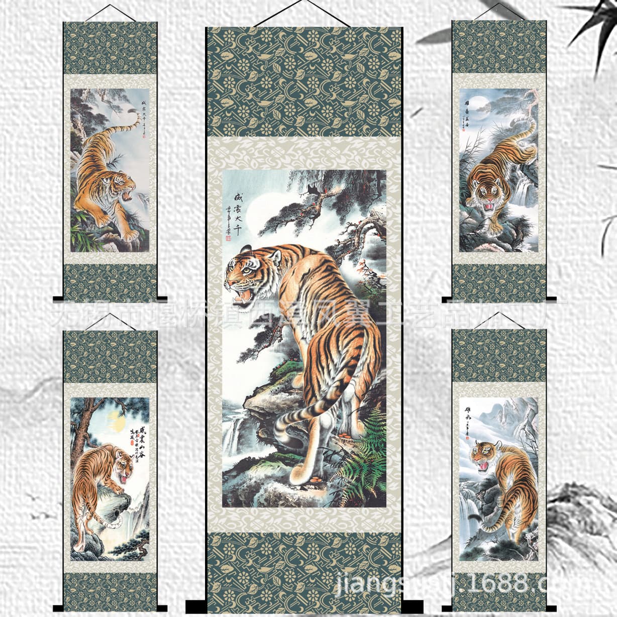 Silk painting of tigers climbing and descending the mountain, a landscape scroll painting, suitable for hanging in the living room or office.