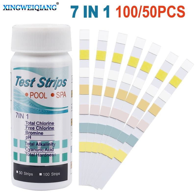 7-in-1 Pool Test Strips - Residual Chlorine, pH Test Paper, Water Quality Test Strips for Hot Springs, Pool Water Testing