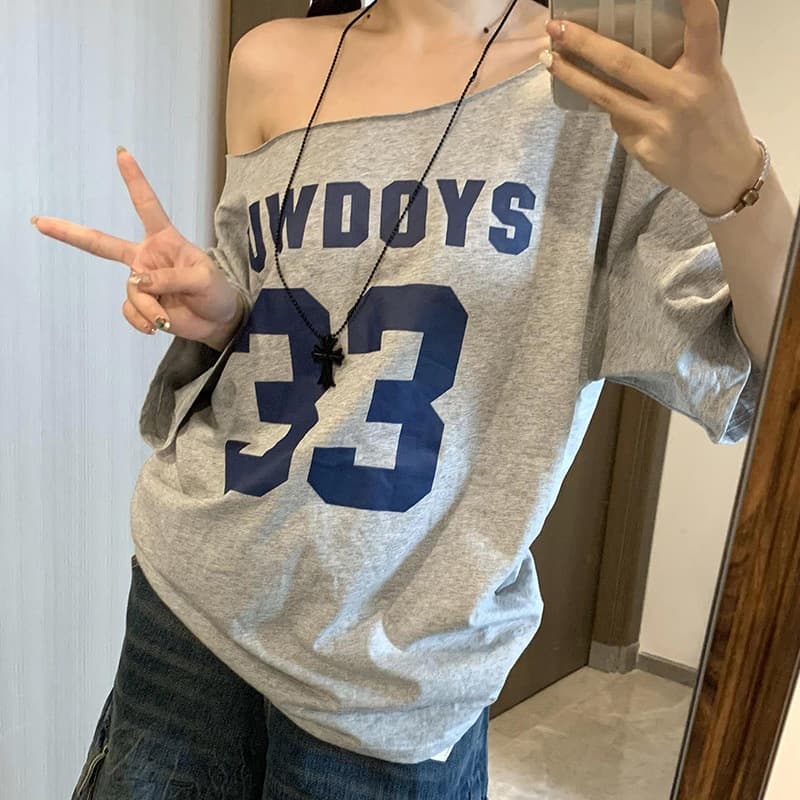 American Pure Desire Off-Shoulder Short Sleeve T-Shirt for Women 2024 Summer Loose Simple Style Slimming Sweet and Spicy Top Trend