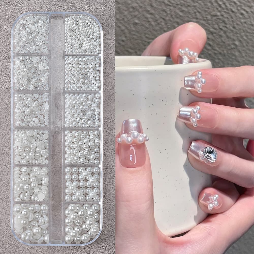 12 Grid Pearl Manicure Jewelry Flat Bottom Semi-Circular 1.5-5mm Complete Set Mixed Japanese Manicure 3D Nail Drill