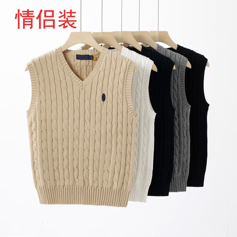 Spring and Autumn Unisex Couple Outfits with Pony Logo Sweater V-neck Knit Cable Knit Solid Color Cotton Vest