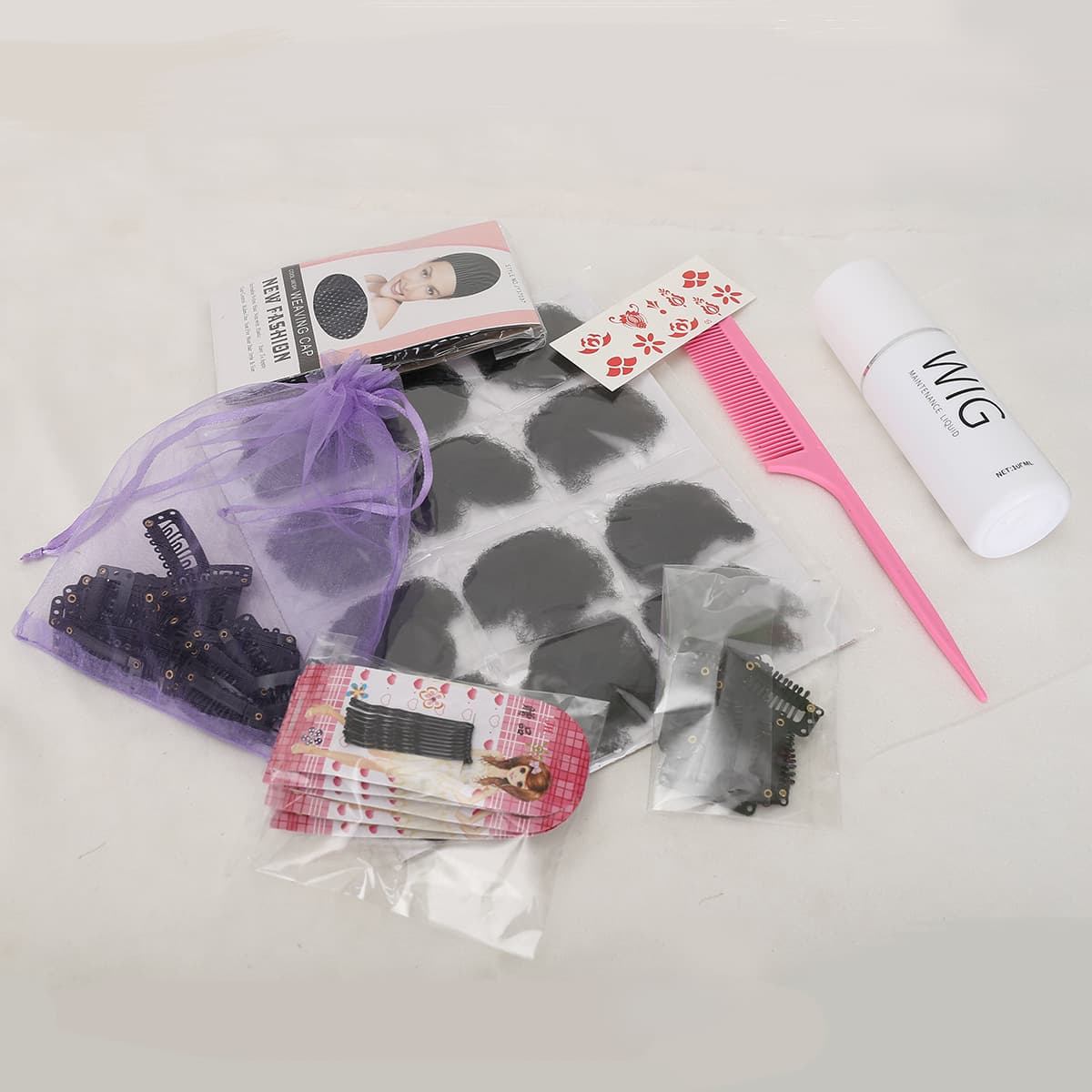 Wig Care Kit: Wig Care Solution, Wig Cap, BB Clips, Tail Comb, Flat Clips, Wig Tape, Wig Stand, Crochet Hook
