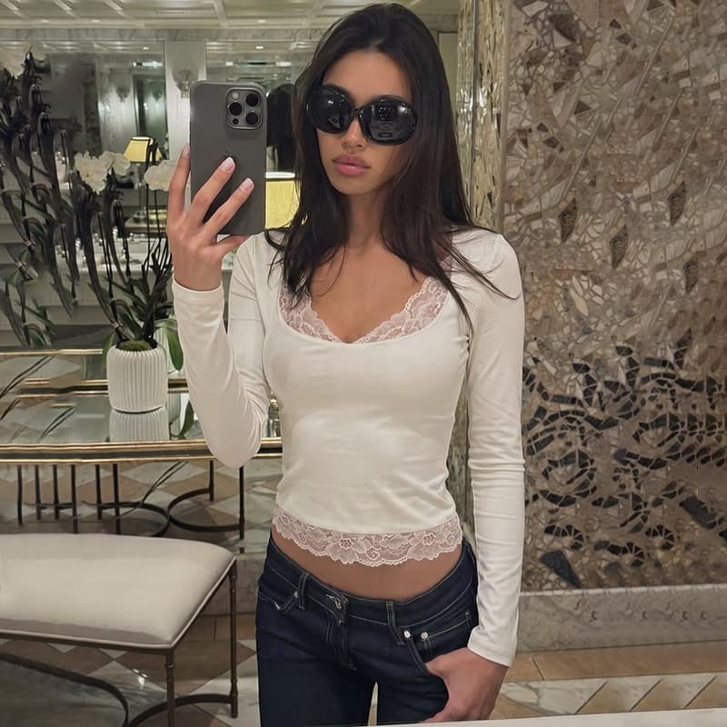 Amazon Women's 2026 Summer Fashion Slim Slim Sexy Hot Girl Lace T-Shirt Lace Solid Color Women's Top