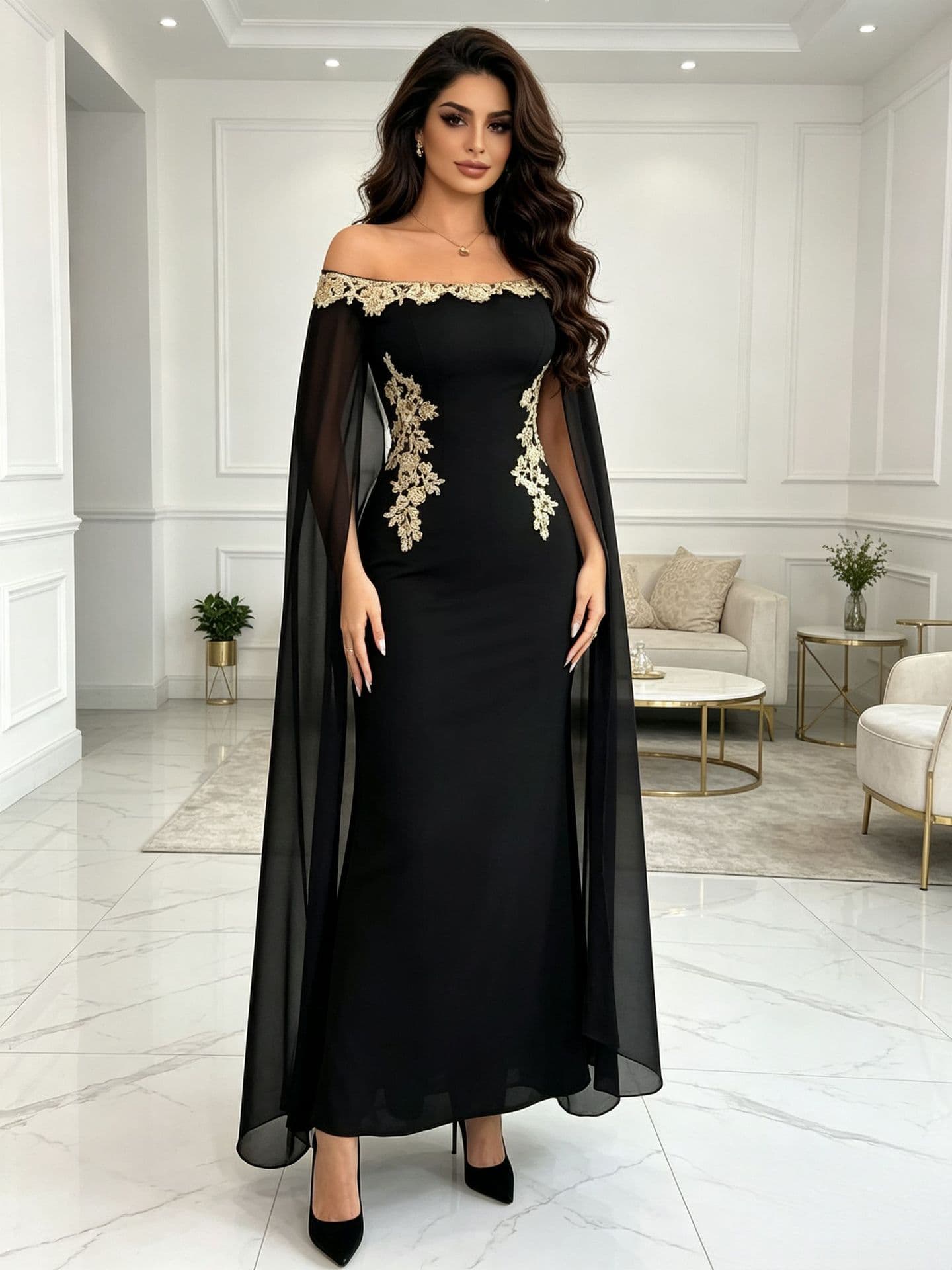 Cross-border Women's One-Shoulder Cape Sleeve Mermaid Evening Dress Women's Luxury Gold Thread Lace Slim Fit Long Dress
