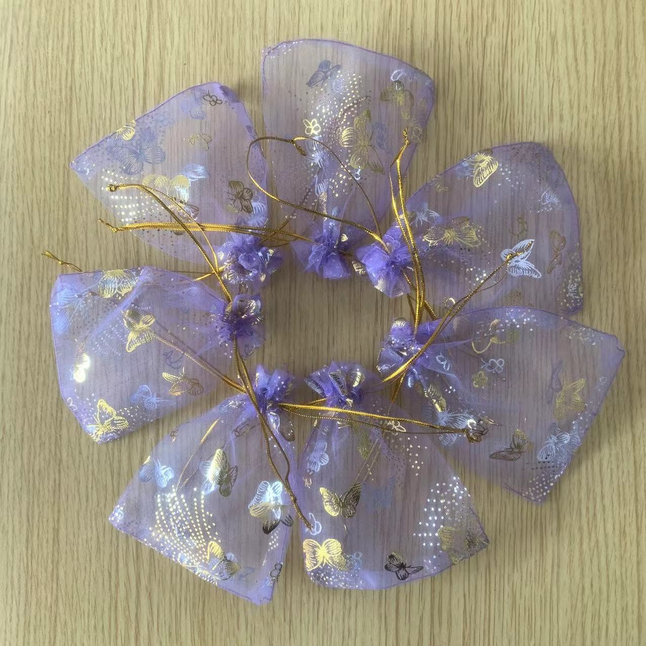 Gold Foil Butterfly Pearl Tulle Drawstring Bag Light Purple Organza Candy Bag Jewelry Packaging Sample Gift Bag