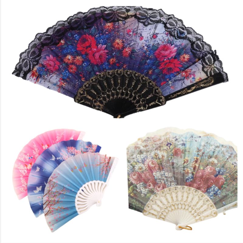 Black lace white lace fan hot stamping process folding fan summer Chinese style dance photography wholesale hot stamping process