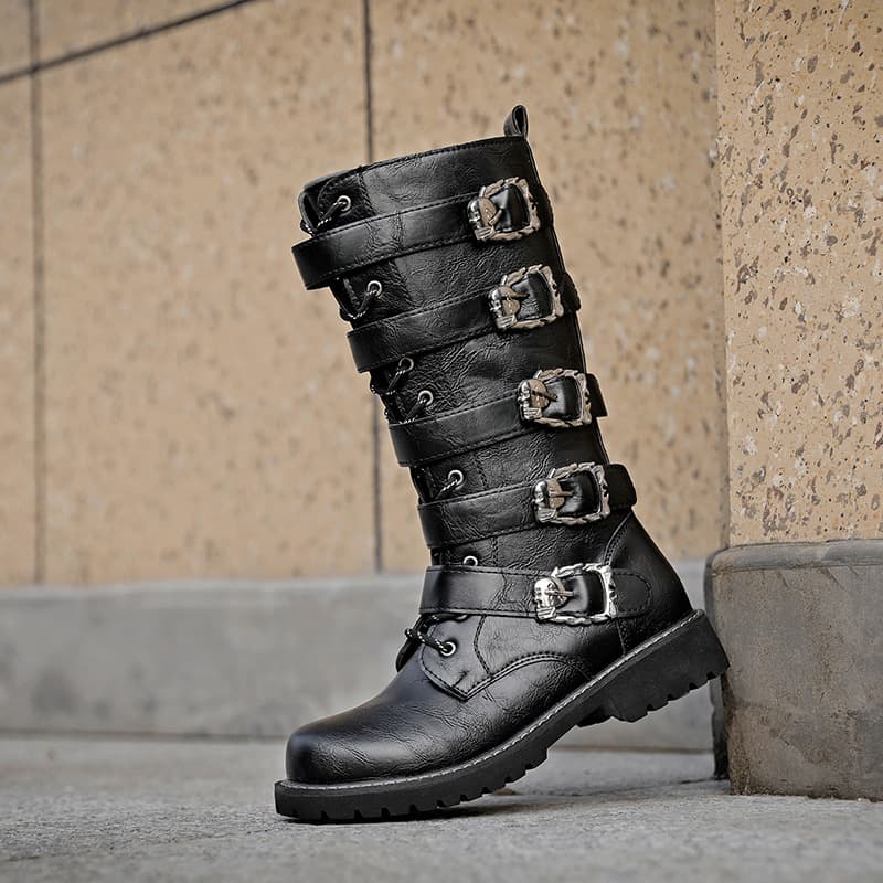 High-top Long Boots Men Large Size Korean Trendy Martin Boots Men Crazy Horse Leather Boots British High Boots Black 555