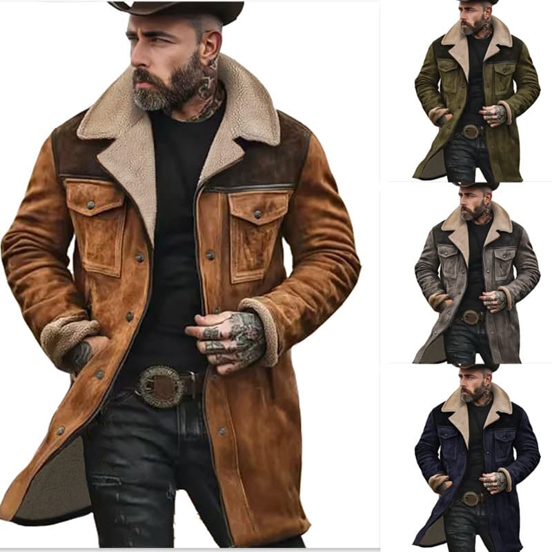 Factory Stock Europe and America Cross-Border Suede Color-Blocked Jacket Amazon Multi-Pocket Zipper Coat Autumn/Winter Men's Jacket