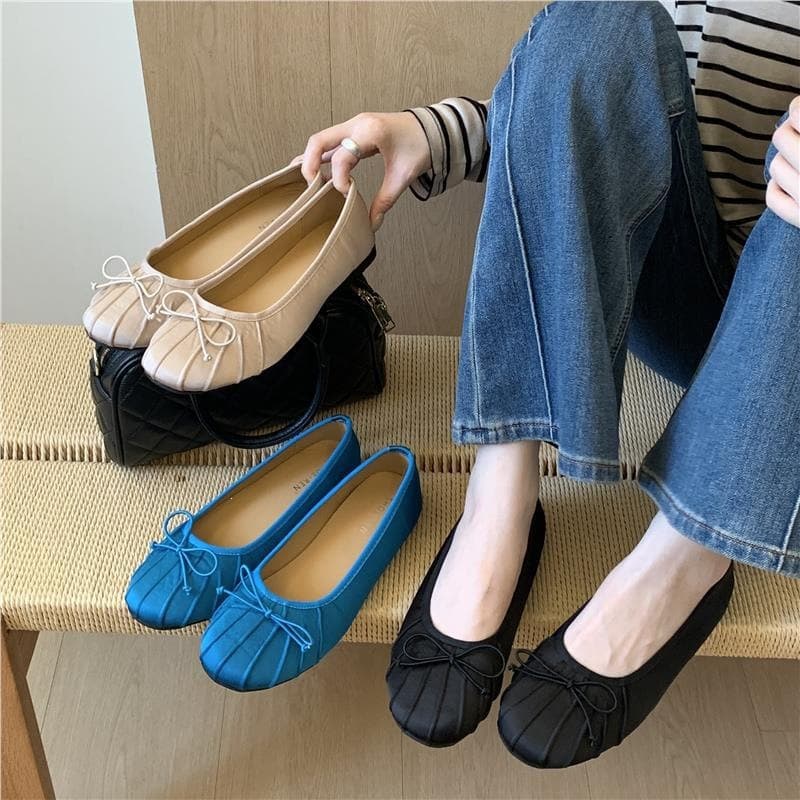2026 French Vintage Pleated Round Toe Bow Ballet Flats, Elegant Satin Mary Jane Shoes for Women