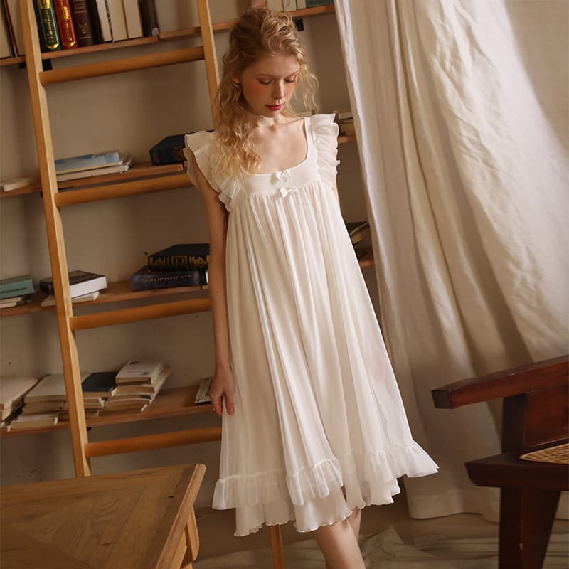 French palace style summer thin sleeveless nightgown lace princess white pullover pajamas home dress female princess dress