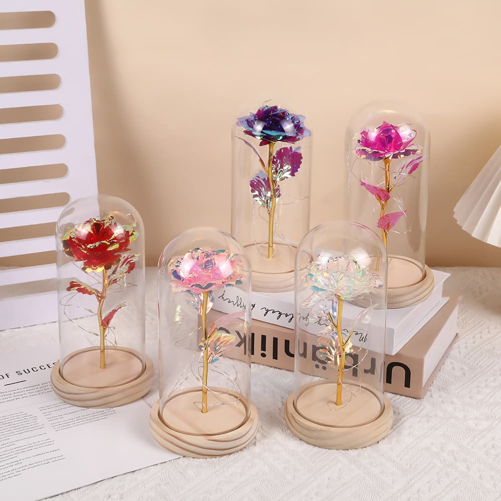 Multicolored Gold Foil Rose Glass Dome Wood Base Night Light Valentine's Day Souvenir Gift Wholesale Holiday Flower