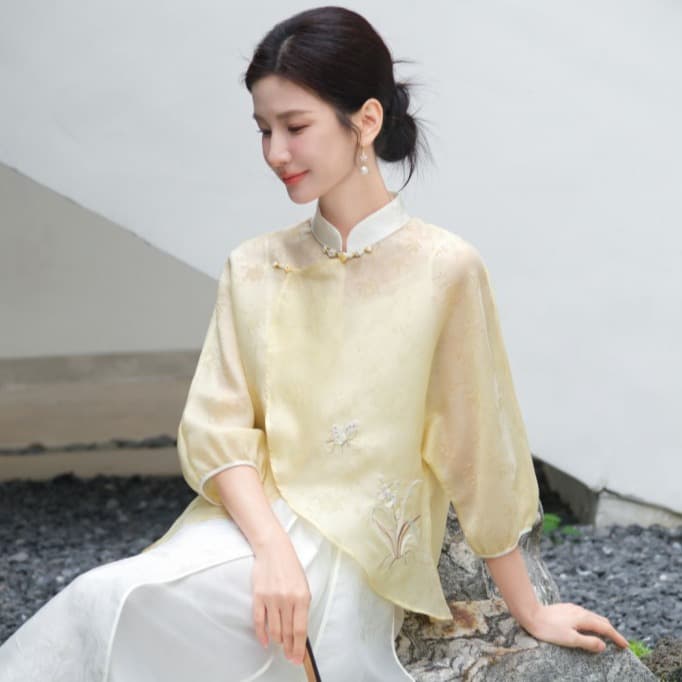2024 Spring New Women's Chinese Style Embroidered Jacquard Hanfu Button Top Tang Suit Vintage Blouse