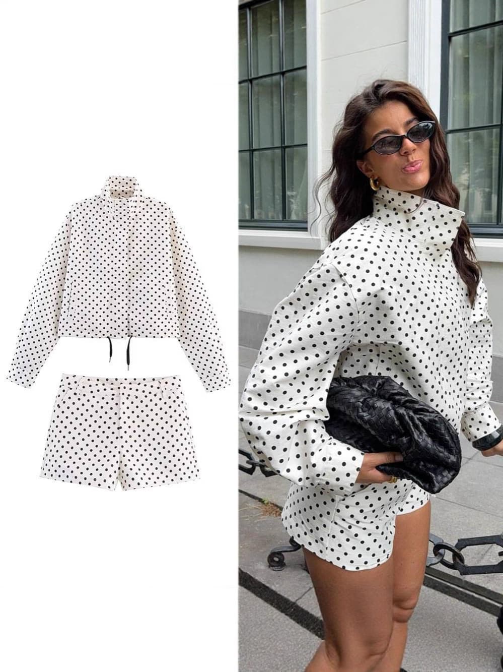 Overseas Trade Cross-border Supply European and American Women's New Spring Summer Polka Dot Long Sleeve Jacket Polka Dot Shorts Set
