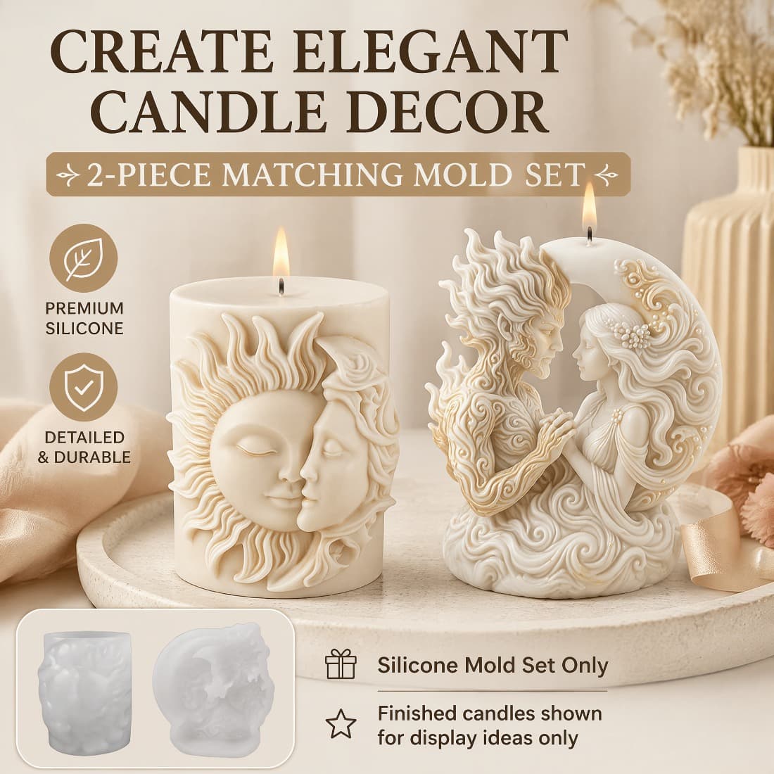 Sun and Moon Couple 3D Silicone Mold Set of 2, DIY Aromatherapy Candle Epoxy Resin Plaster Art Decoration Mold