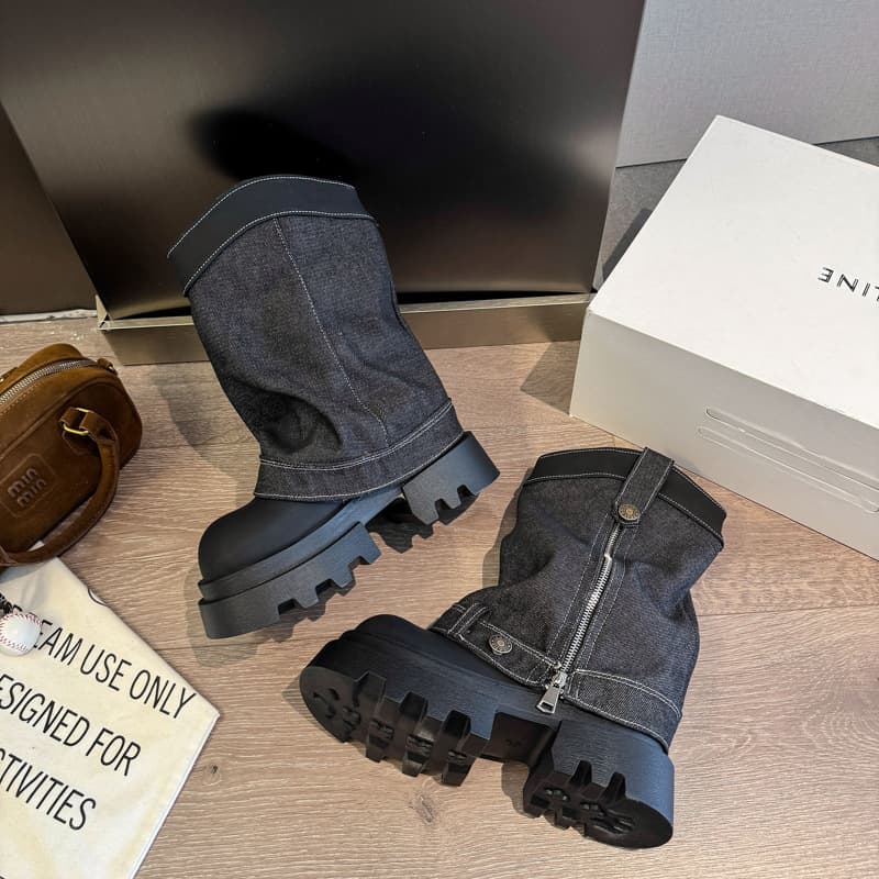 European thick-soled Martin short boots for women 2025 new style western denim fake two-piece pile boots motorcycle boots zipper