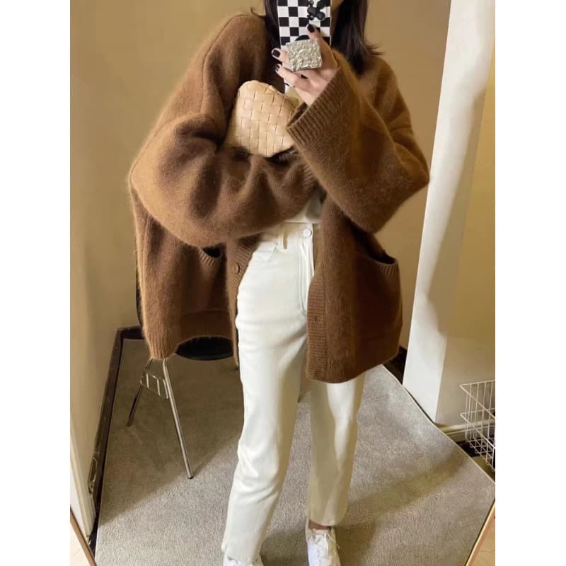 Heavyweight Thick Pure Wool Cardigan for Women, Mid-Length Korean Style Loose Relaxed Fit Oversized Knit Coat