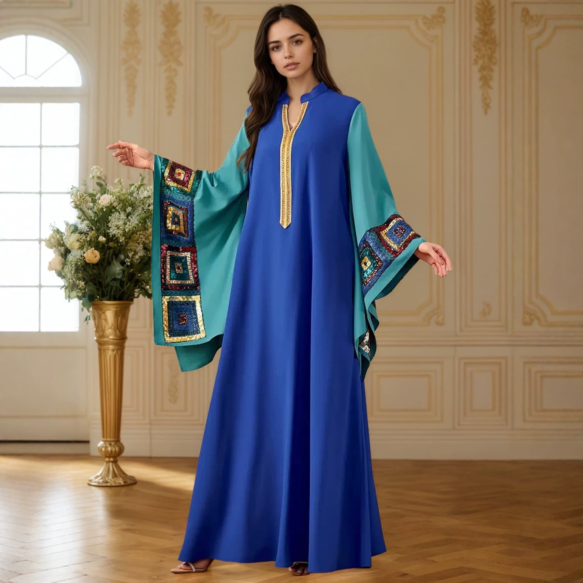 Cross-border Women's Long Robe Dress with Contrast Color Patchwork, Sequins Embroidery, Stand Collar, Loose Fit with Flared Hem, Banquet Maxi Dress