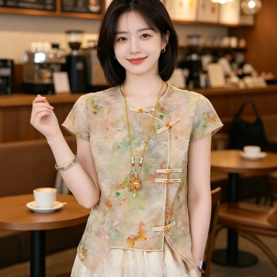 【Dropshipping】2026 New Cross-Border New Chinese Style Retro Jacquard Short-Sleeve Button-Up Blouse for Women