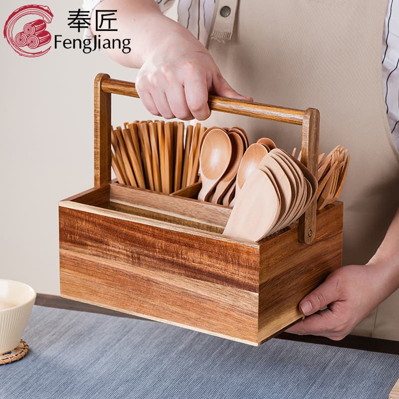 Custom Walnut Fruit Box, Vintage Wooden Household Storage for Bowls, Chopsticks, Kitchen Knives, Solid Wood Storage Basket with Handle