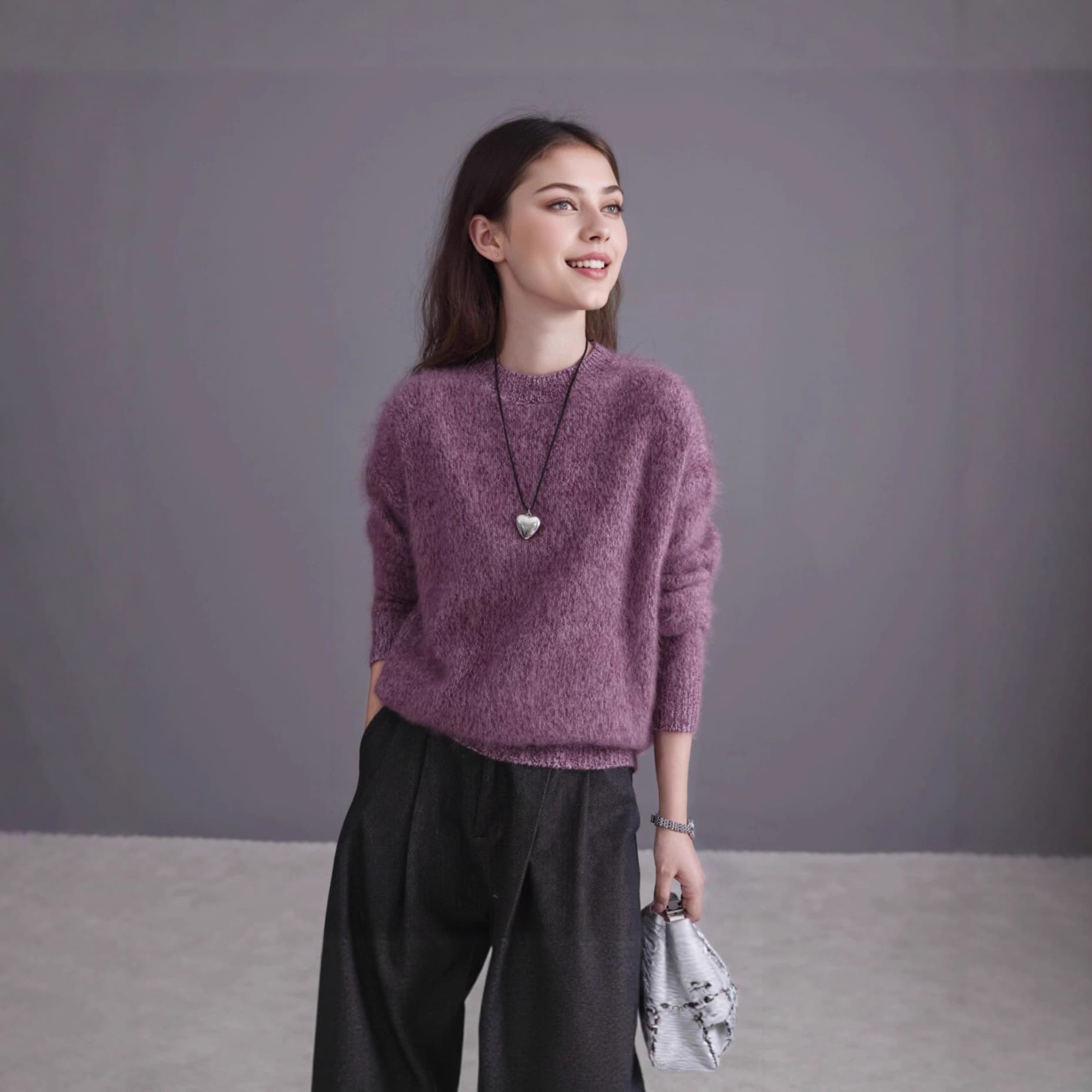 Thickened Fancy Yarn Wool Cashmere Brushed V-Neck Round Neck Versatile Women's Sweater Loose Lazy Women's Coat Old Money Style