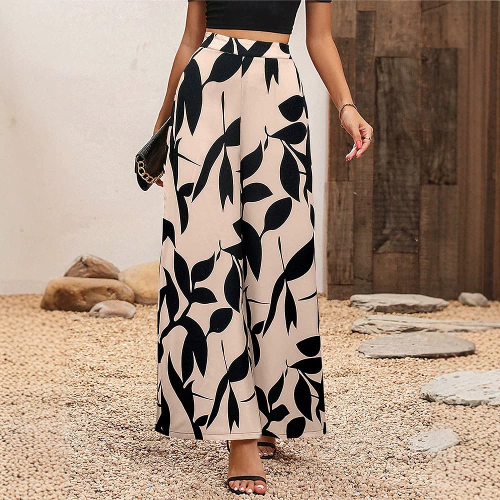 European and American Amazon Cross-border Foreign Trade Summer New Chiffon Leaf Printed Casual Pants Temperament High Waist Wide Leg Pants for Women