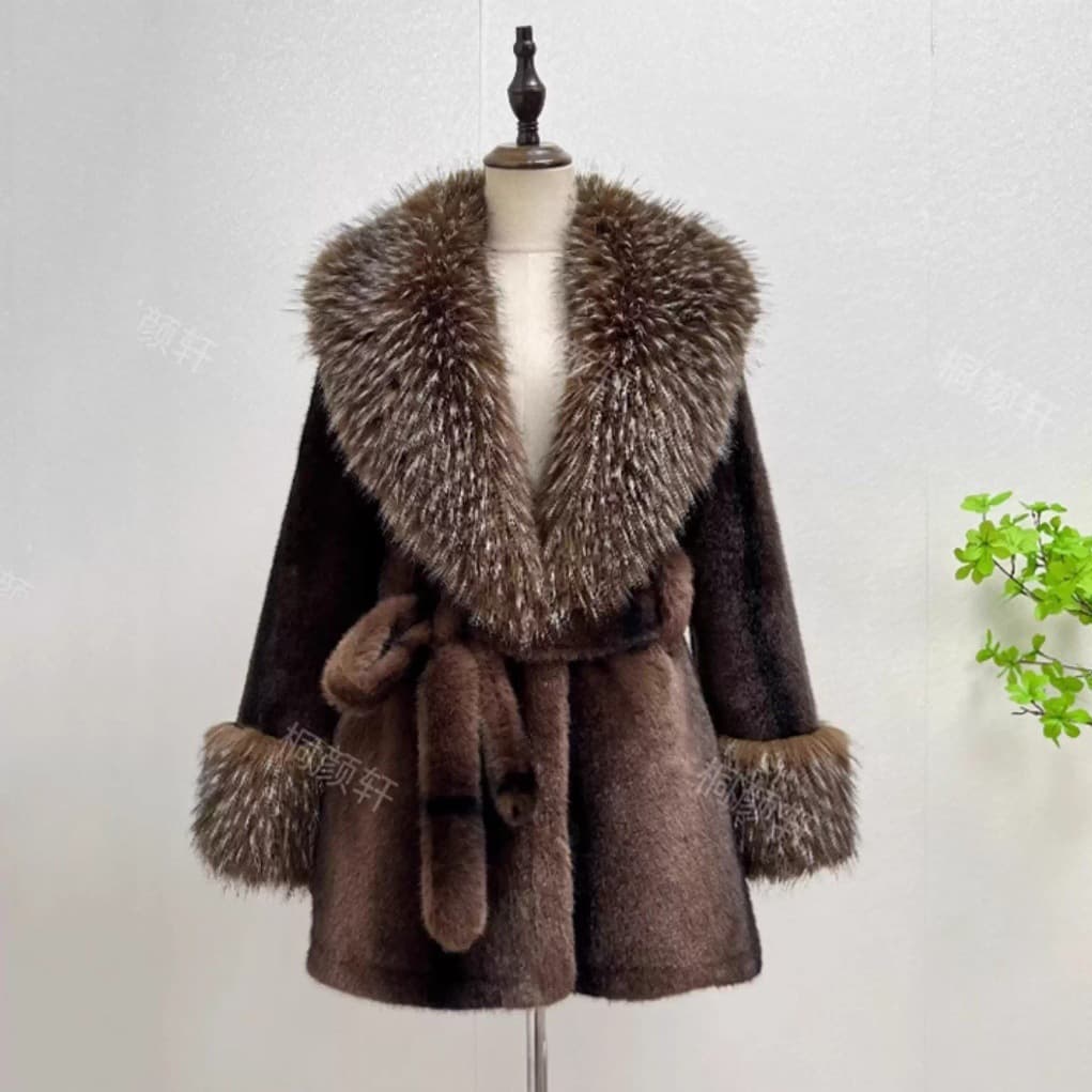 New Mid-Length Faux Mink Coat Faux Fur Integrated V-Neck Fur Coat Eco-Friendly Fur Coat