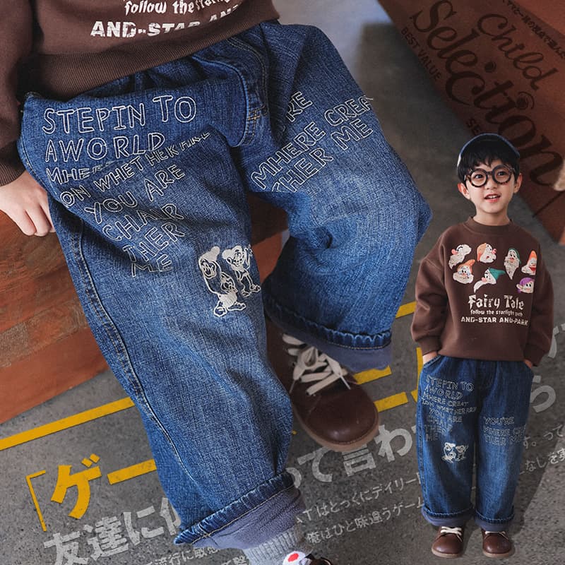 Baby Pants 2025 Winter Kids Cartoon Embroidered Jeans Thickened Fleece Straight Leg Pants Boys Long Pants