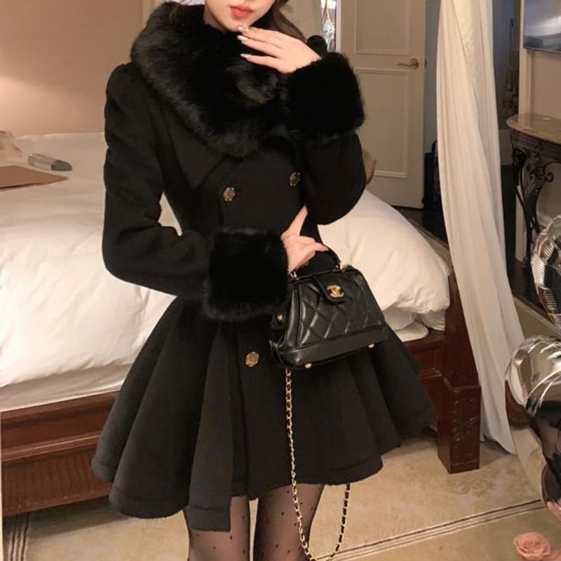 Korean Chic Heiress Style Fitted Long-Sleeve Wool Coat for Women, Autumn/Winter Elegant Overcoat Trend