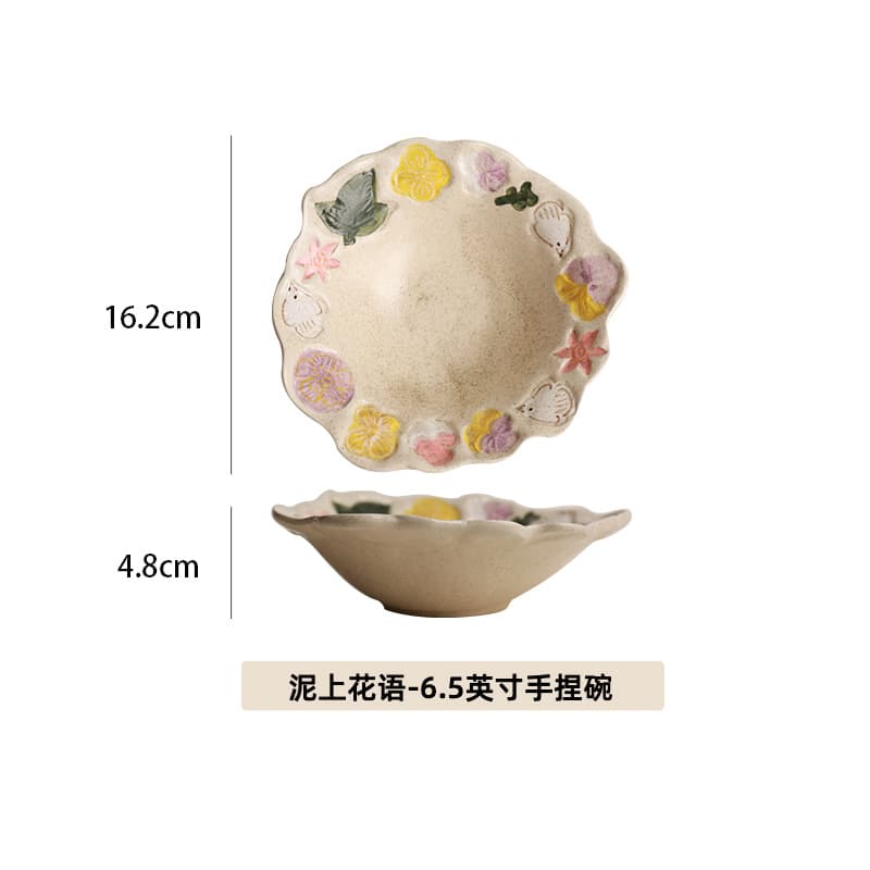 Handcrafted Flower and Bird Coarse Ceramic Underglaze Retro High-Aesthetic Dessert Plate Fruit Plate Home Salad Bowl Soup Plate Coffee Cup