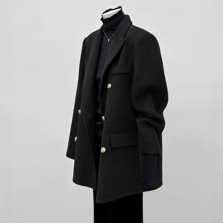 52004 Down Lining Wool Blend Coat 2025 Winter New Style Short Black Thickened Plus Size Down Coat