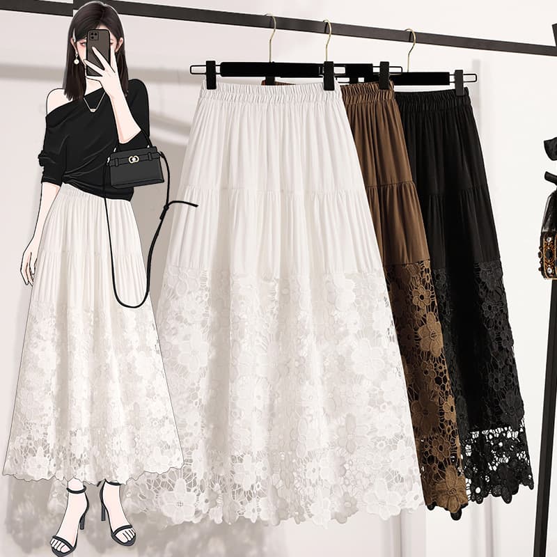 French Lace Hollow Out Pleated Midi Skirt for Women Summer Plus Size Hip Cover Long Layered Cake Skirt