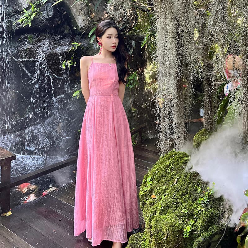 Pure and Sexy Strappy Dress for Women Summer Sleeveless Backless Pink Skirt Designed with Tie A-Line Midi Dress