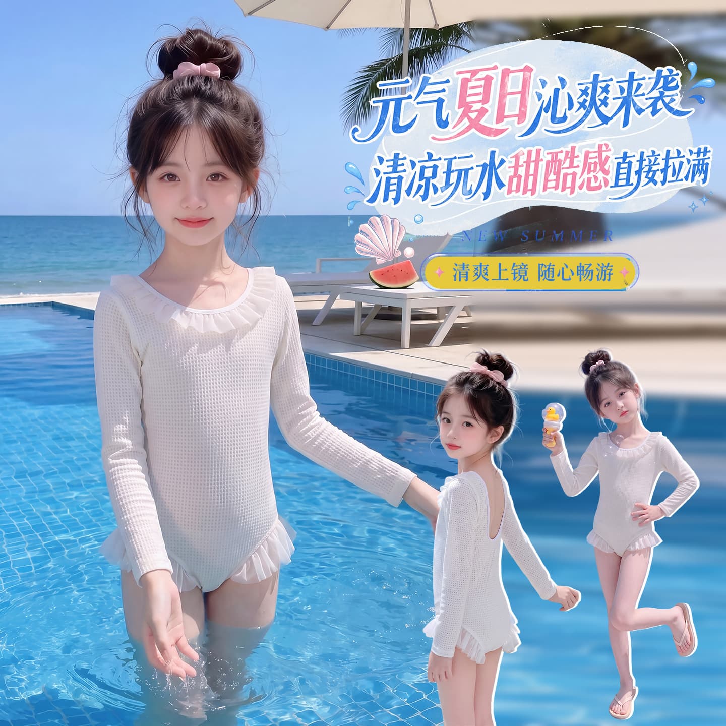 Girls Summer Swimsuit 2026 New, Children's Lace Trim One-Piece Swimwear, Long Sleeve Swimming Suit for Little Girls