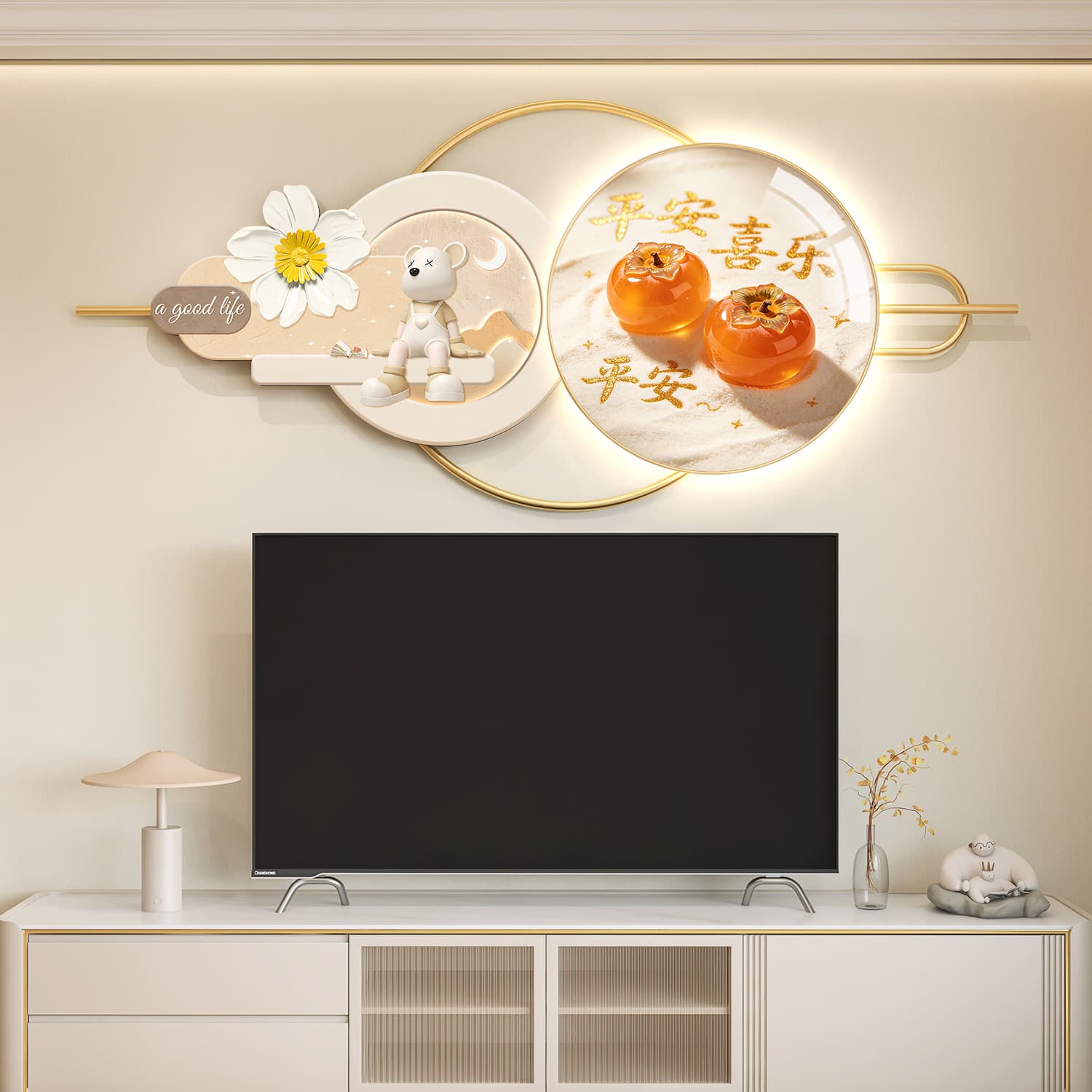 Cream style living room background wall decoration painting above the TV set peace and joy mural LED light painting