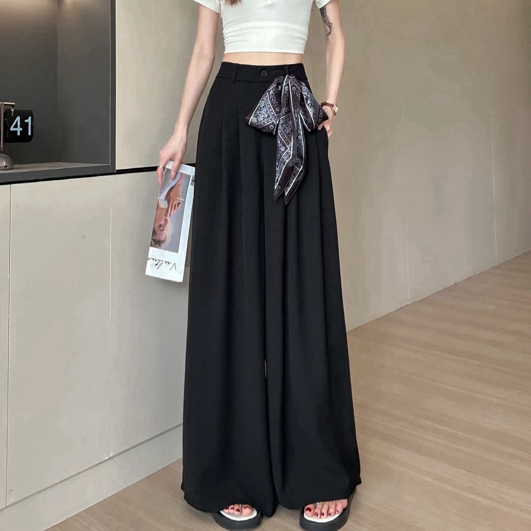 [Free Scarf] Lazy Style Blazer Loose Wide-Leg Pants for Women Summer New Casual Pants with Scarf Tie Design