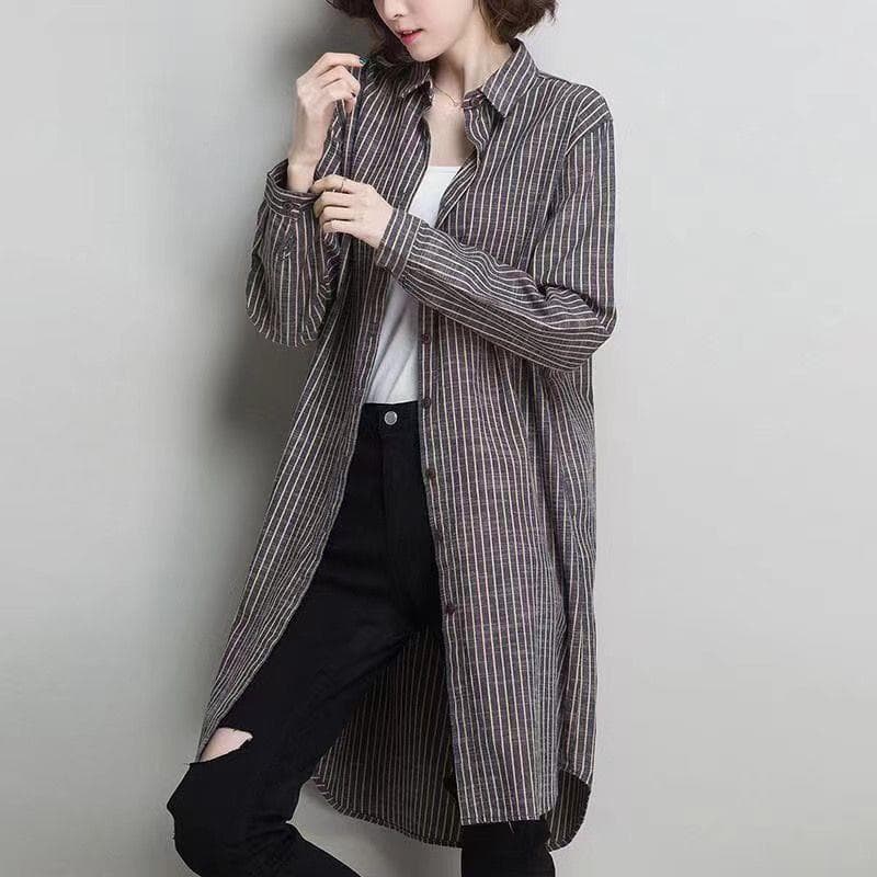 2026 Spring/Summer New Striped Shirt Women Outerwear Cardigan Loose Korean Style Long Sleeve Shirt Jacket Maillard