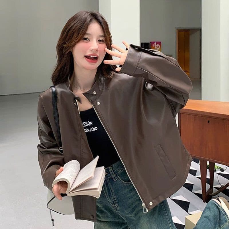 Brown Leather Jacket for Women 2025 New Style American Retro Trendy Hong Kong Style Sweet Cool Short Motorcycle Jacket