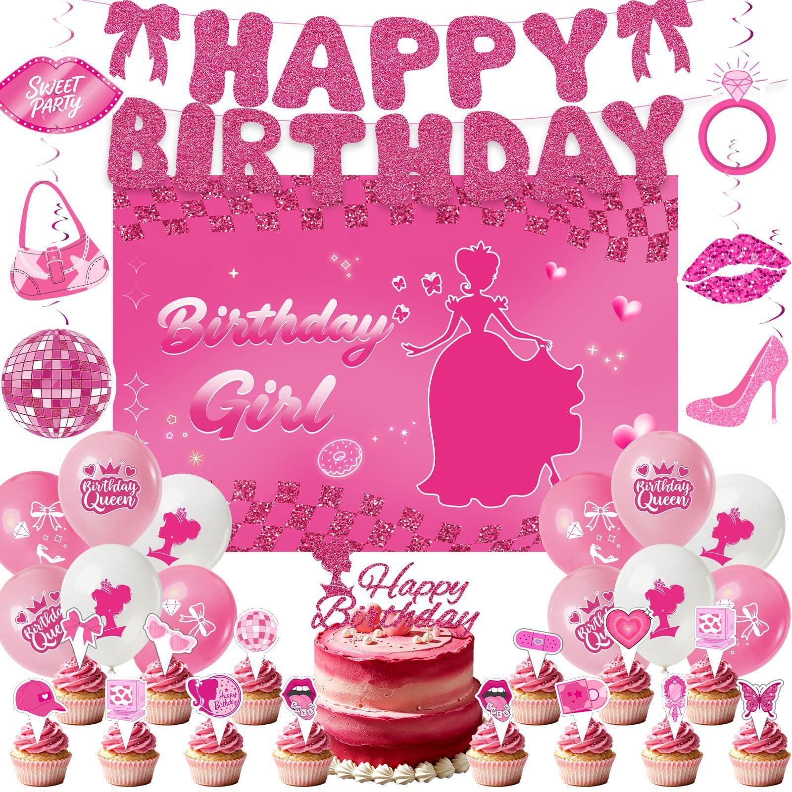 Barbie Pink Birthday Girl Girls Birthday Party Banner Balloons Backdrop Princess Flags Complete Decoration Set