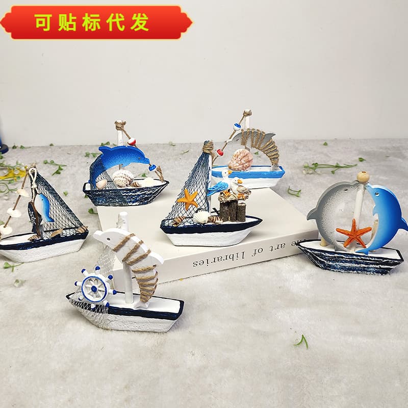2025 New Cross-border Mediterranean Style Small Boat Decoration Ornament, Small Dolphin Sailboat, Seaside Travel Souvenir