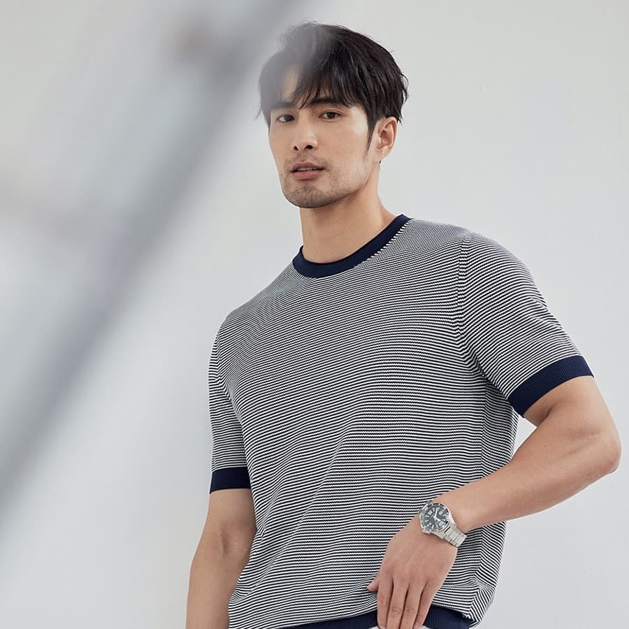 High-end gentleman short-sleeved 2026 new polo shirt men's striped commuting daily versatile round neck lapel knitted T-shirt
