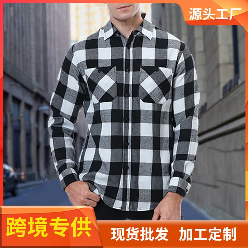 Zhanma Cross-Border Men's Plaid Shirt Flannel Brushed Warm Shirt Men's European and American Casual Shirt