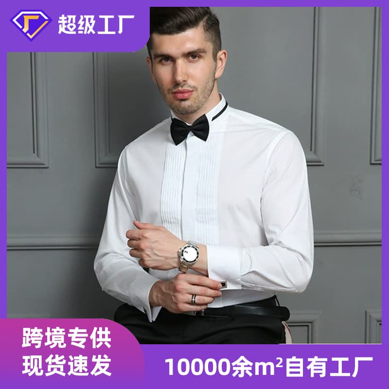 New Tuxedo Stand Collar Wedding Dress Men's White and Black Shirt Cufflinks Groom Men's Outer Wear Long-Sleeved Shirt