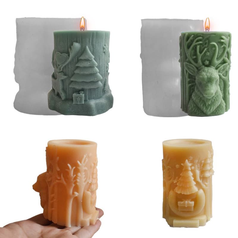 Embossed Elk Cylinder Aromatherapy Candle Liquid Silicone Mold, Christmas DIY Elk Head Christmas Tree Column Decoration