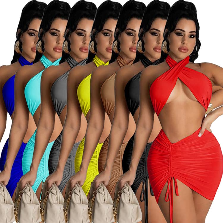 Amazon Cross-border Women's 2026 New Halter Neck Tie Strap Tube Top Drawstring Pleated Sexy Bodycon Skirt Two-Piece Set