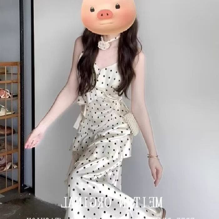 Summer French tea break temperament socialite polka dot suspender dress fairy ruffled gentle style holiday long skirt